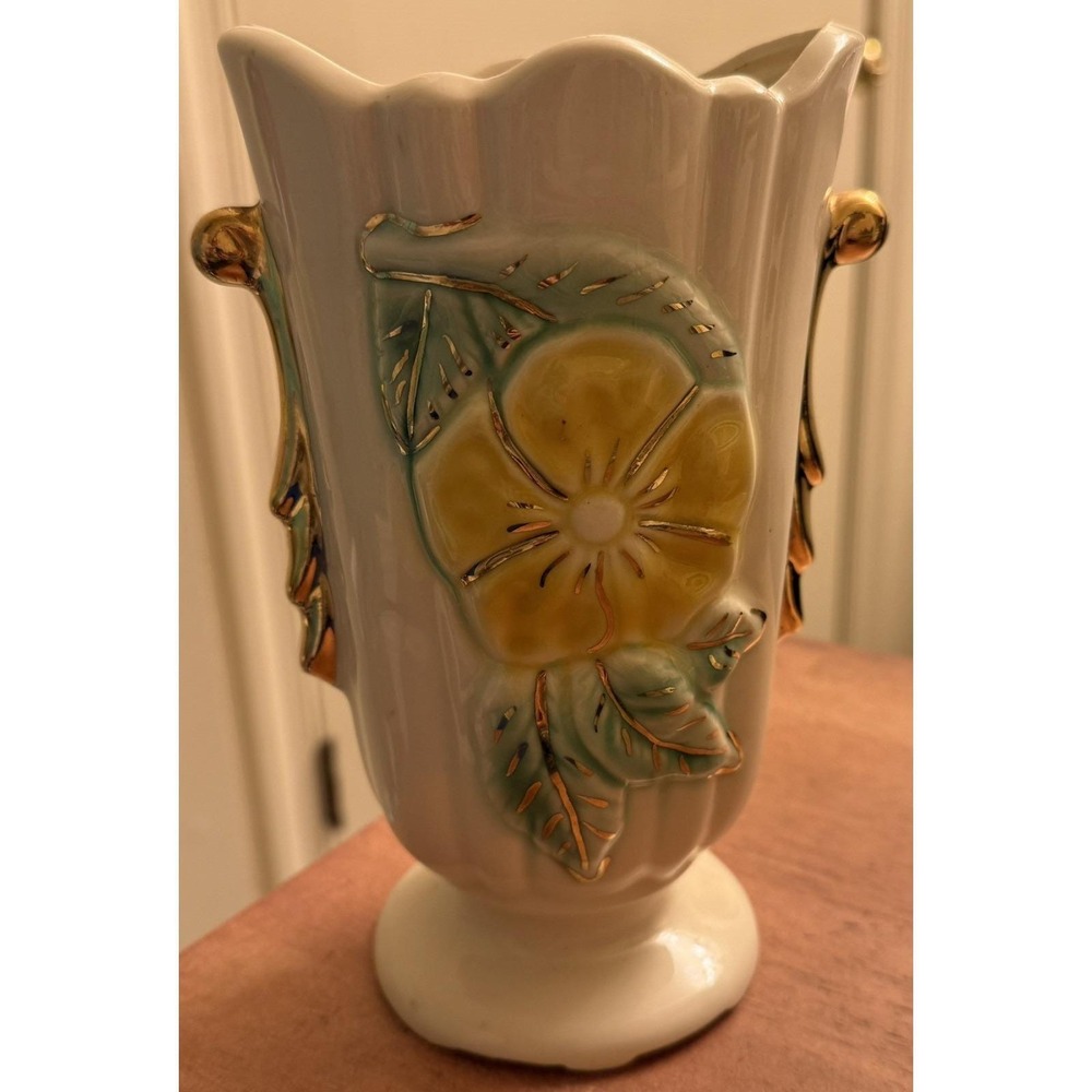 Vintage Porcelain Hand painted Scalloped Edge Floral Vase With Gold Accents